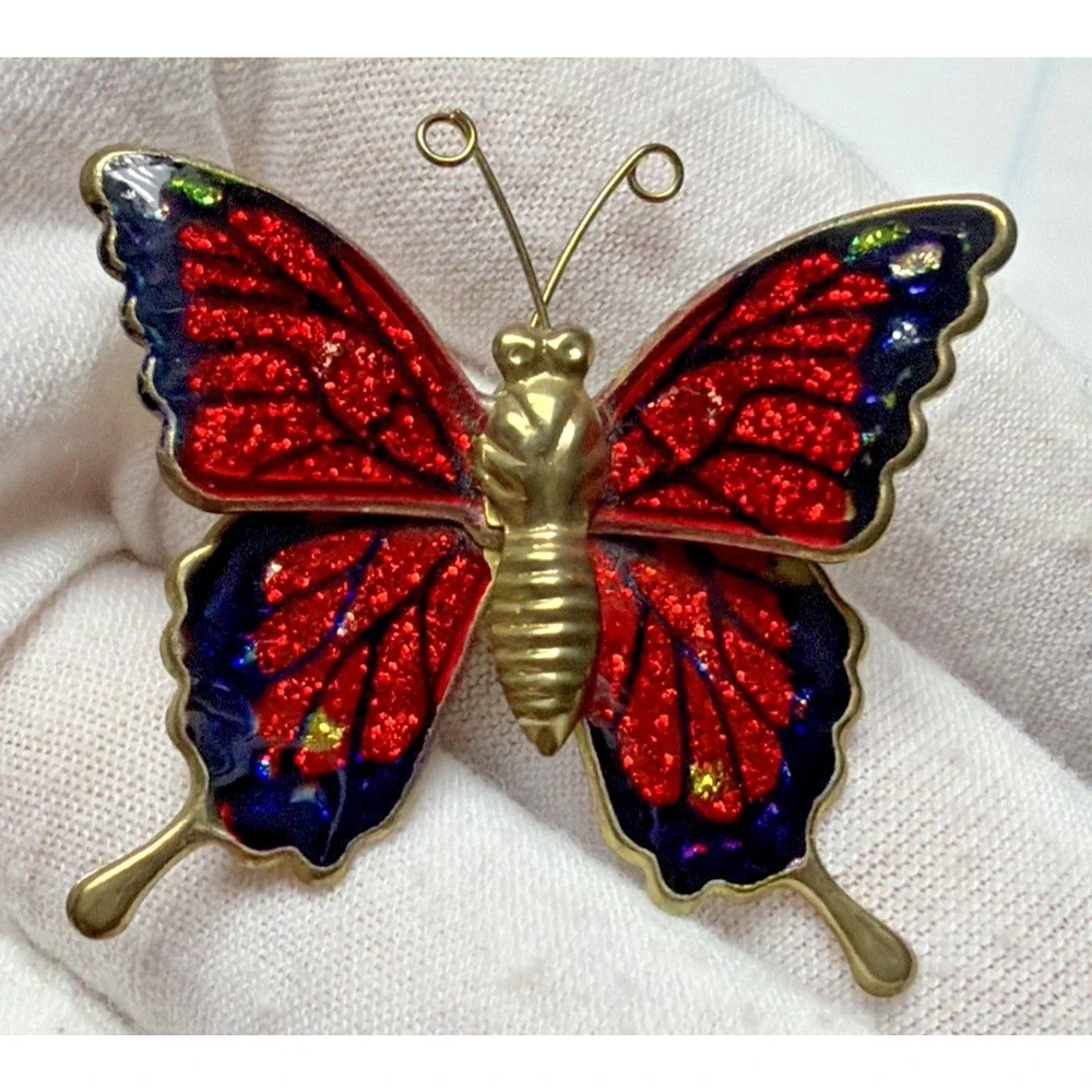 Vintage Lot of 2 Enamel Butterfly Brooch Monarch Red Blue Gold